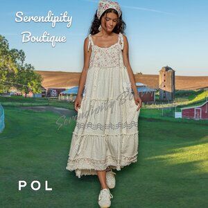 POL Boho Farm Girl Bib Strap Cotton Floral Patchwork Oversized Denim Maxi Dress